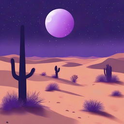 A vast desert landscape under a night sky with a big purple moon