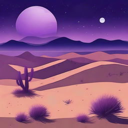 A vast desert landscape under a night sky with a big purple moon