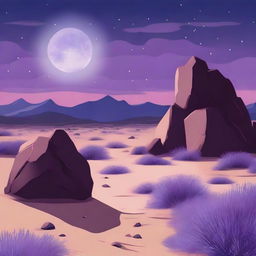 A rocky desert landscape under a night sky featuring a large lavender moon