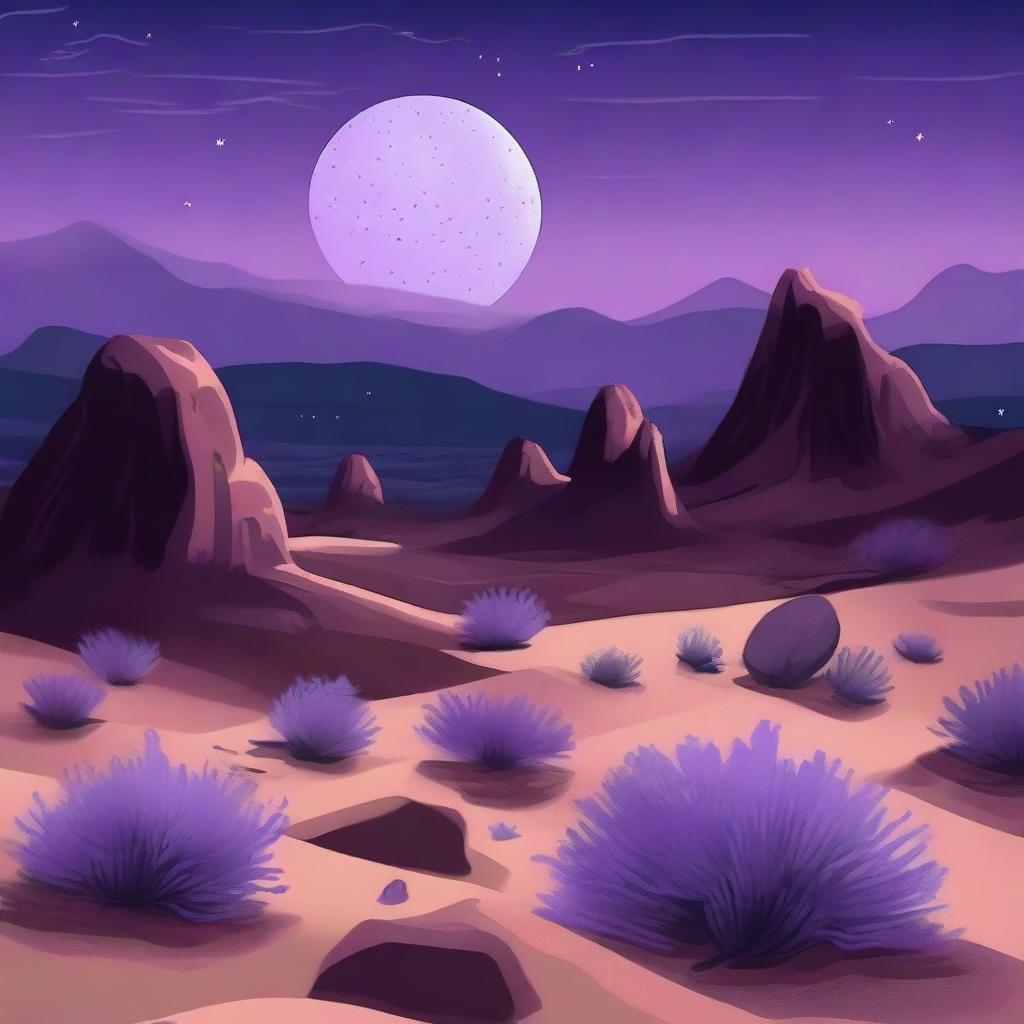 A rocky desert landscape under a night sky featuring a large lavender moon