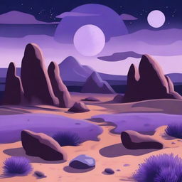 A rocky desert landscape under a night sky featuring a large lavender moon