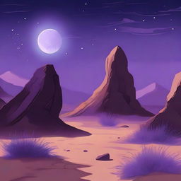 A rocky desert landscape under a night sky featuring a large lavender moon