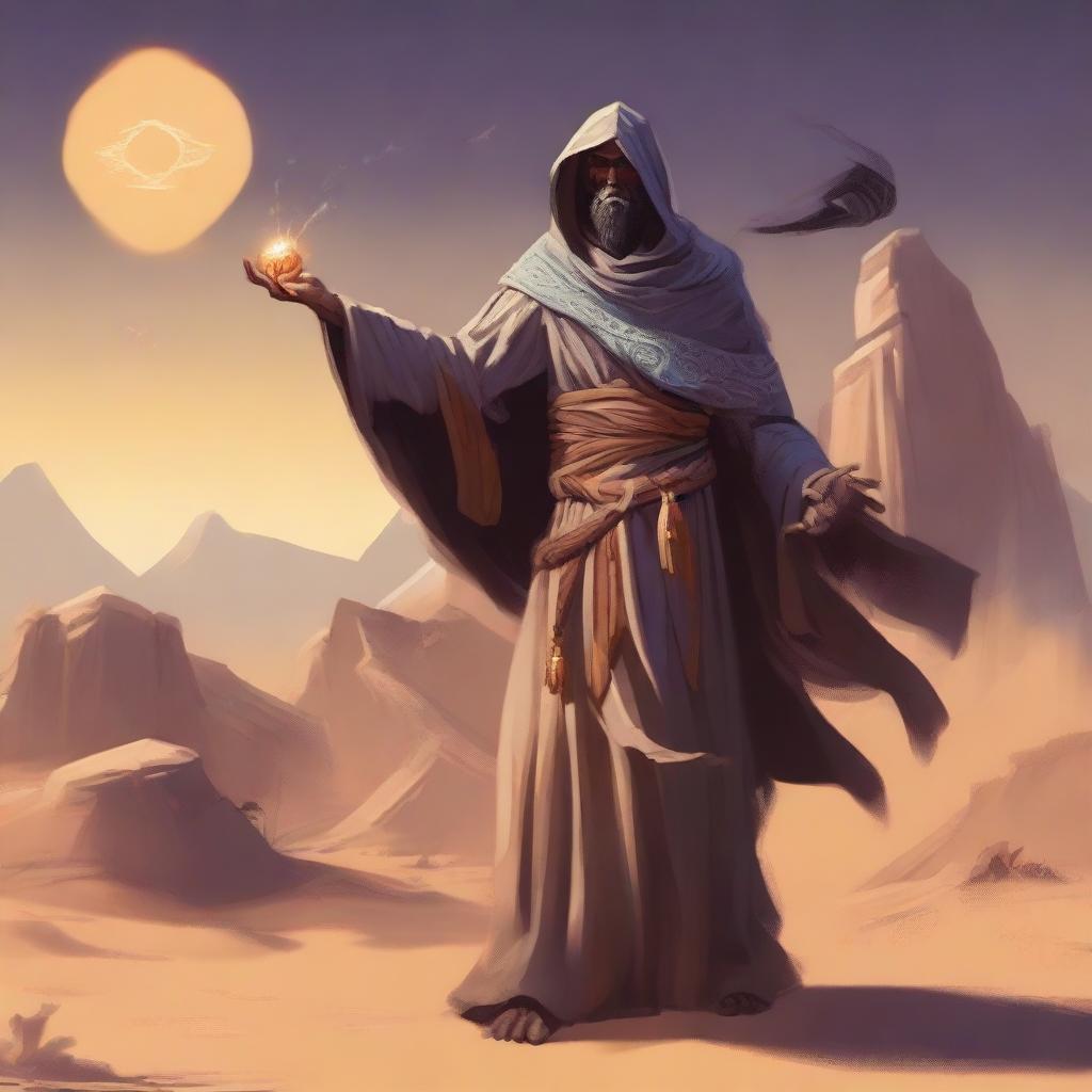 A powerful desert sorcerer stands in an arid, sandy landscape, casting a spell using a finger gun gesture