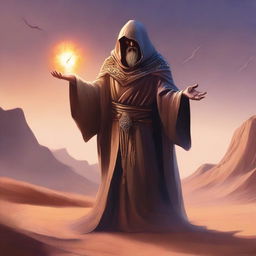 A powerful desert sorcerer stands in an arid, sandy landscape, casting a spell using a finger gun gesture