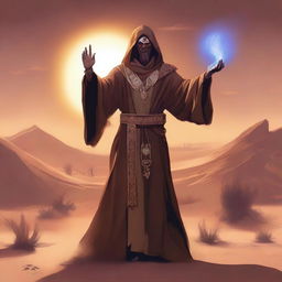 A powerful desert sorcerer stands in an arid, sandy landscape, casting a spell using a finger gun gesture