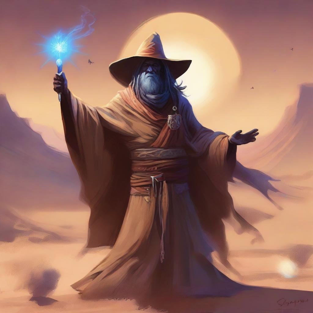 A powerful desert sorcerer stands in an arid, sandy landscape, casting a spell using a finger gun gesture