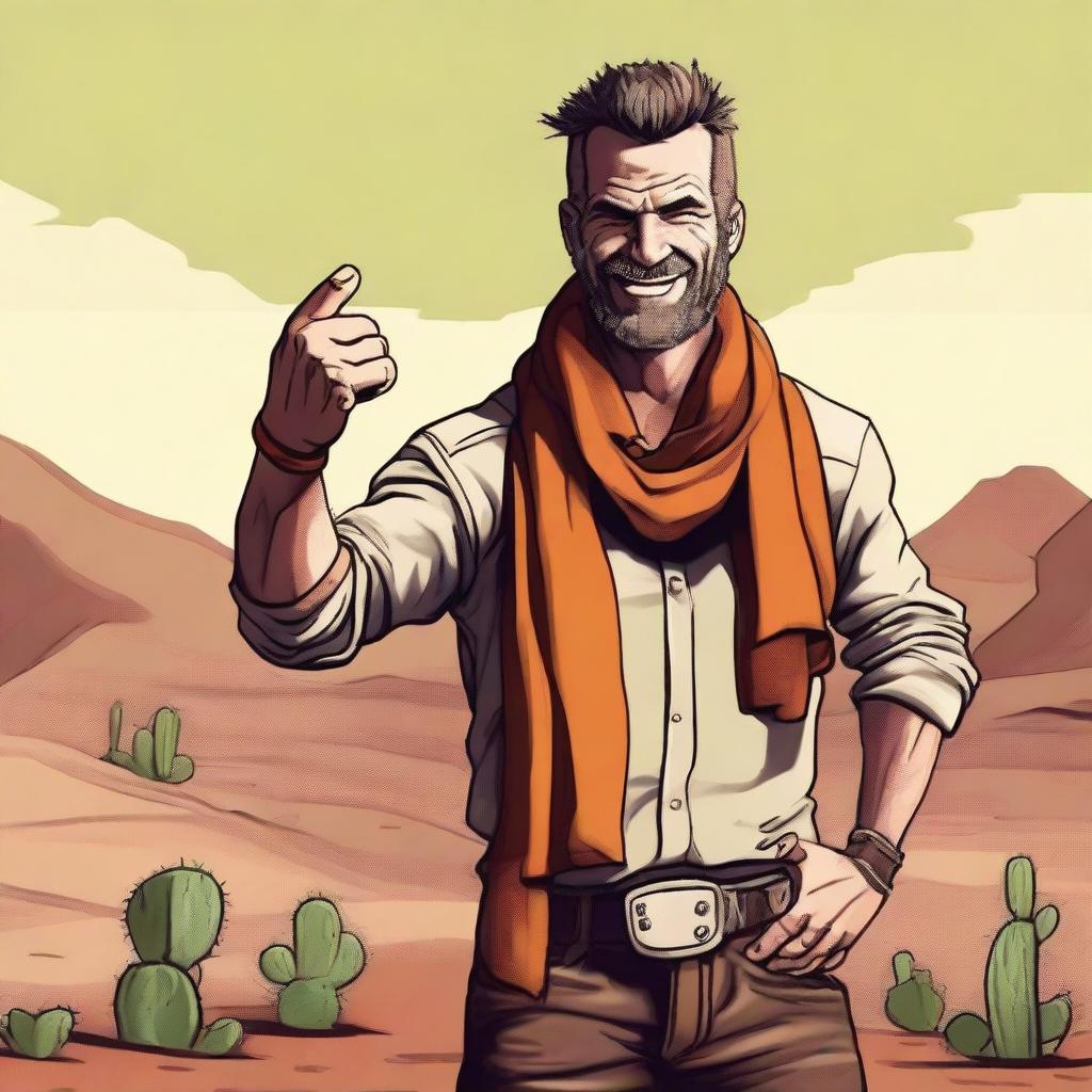 A rugged desert outlaw with a weathered appearance, wearing an orange scarf around his neck