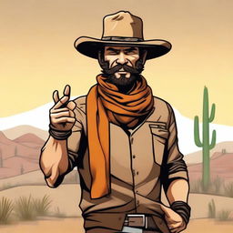 A rugged desert outlaw with a weathered appearance, wearing an orange scarf around his neck