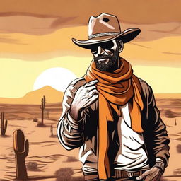 A rugged desert outlaw with a weathered appearance, wearing an orange scarf around his neck