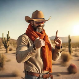 A rugged desert outlaw with a weathered appearance, wearing an orange scarf around his neck