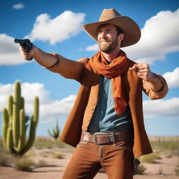 A cowboy wearing a wide-brimmed hat and an orange scarf, standing in a desert landscape