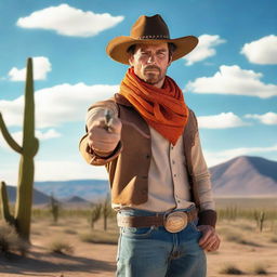 A cowboy wearing a wide-brimmed hat and an orange scarf, standing in a desert landscape