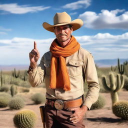 A cowboy wearing a wide-brimmed hat and an orange scarf, standing in a desert landscape