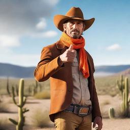 A cowboy wearing a wide-brimmed hat and an orange scarf, standing in a desert landscape