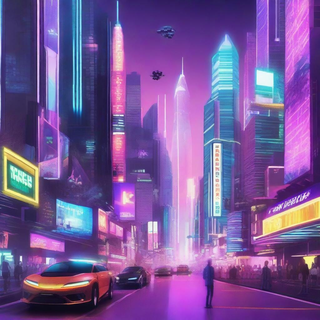 A futuristic cityscape with towering skyscrapers, flying cars, and neon lights illuminating the night sky