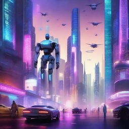 A futuristic cityscape with towering skyscrapers, flying cars, and neon lights illuminating the night sky