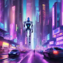 A futuristic cityscape with towering skyscrapers, flying cars, and neon lights illuminating the night sky