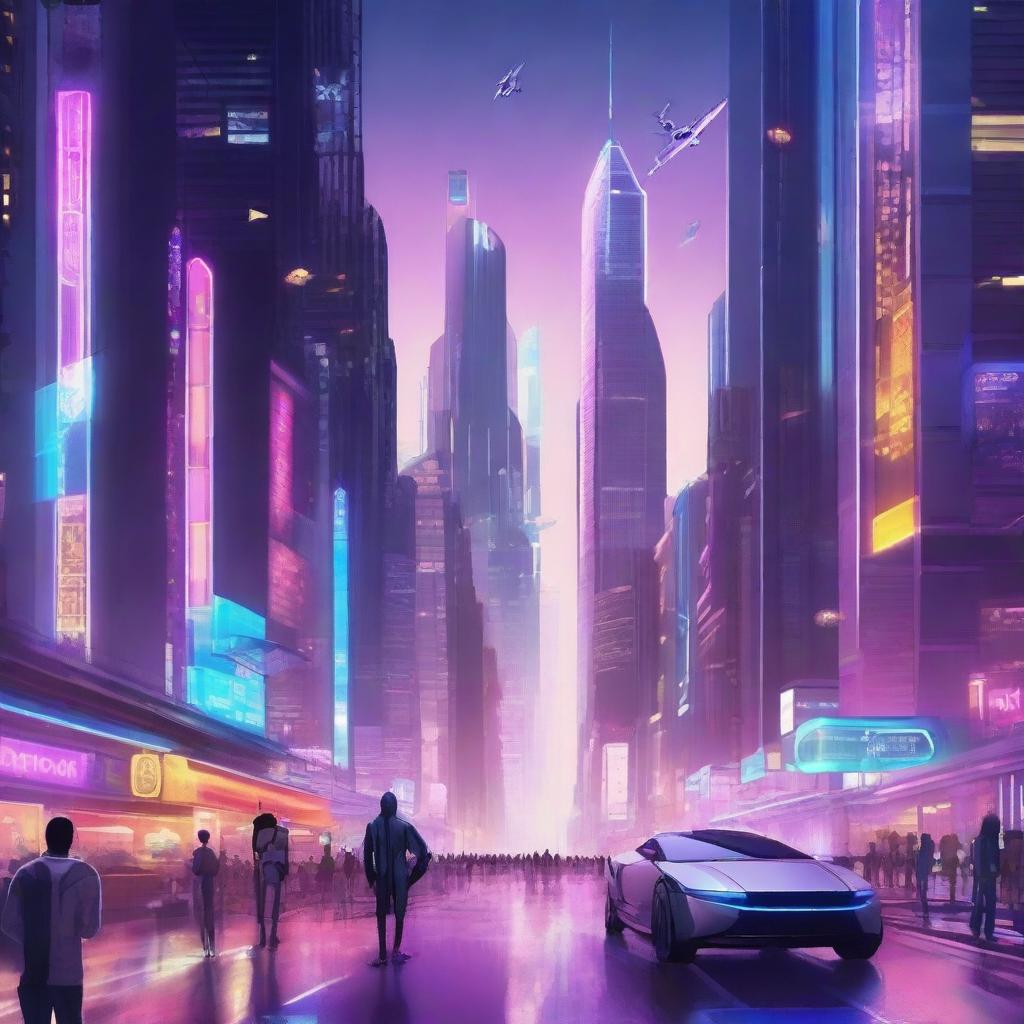 A futuristic cityscape with towering skyscrapers, flying cars, and neon lights illuminating the night sky