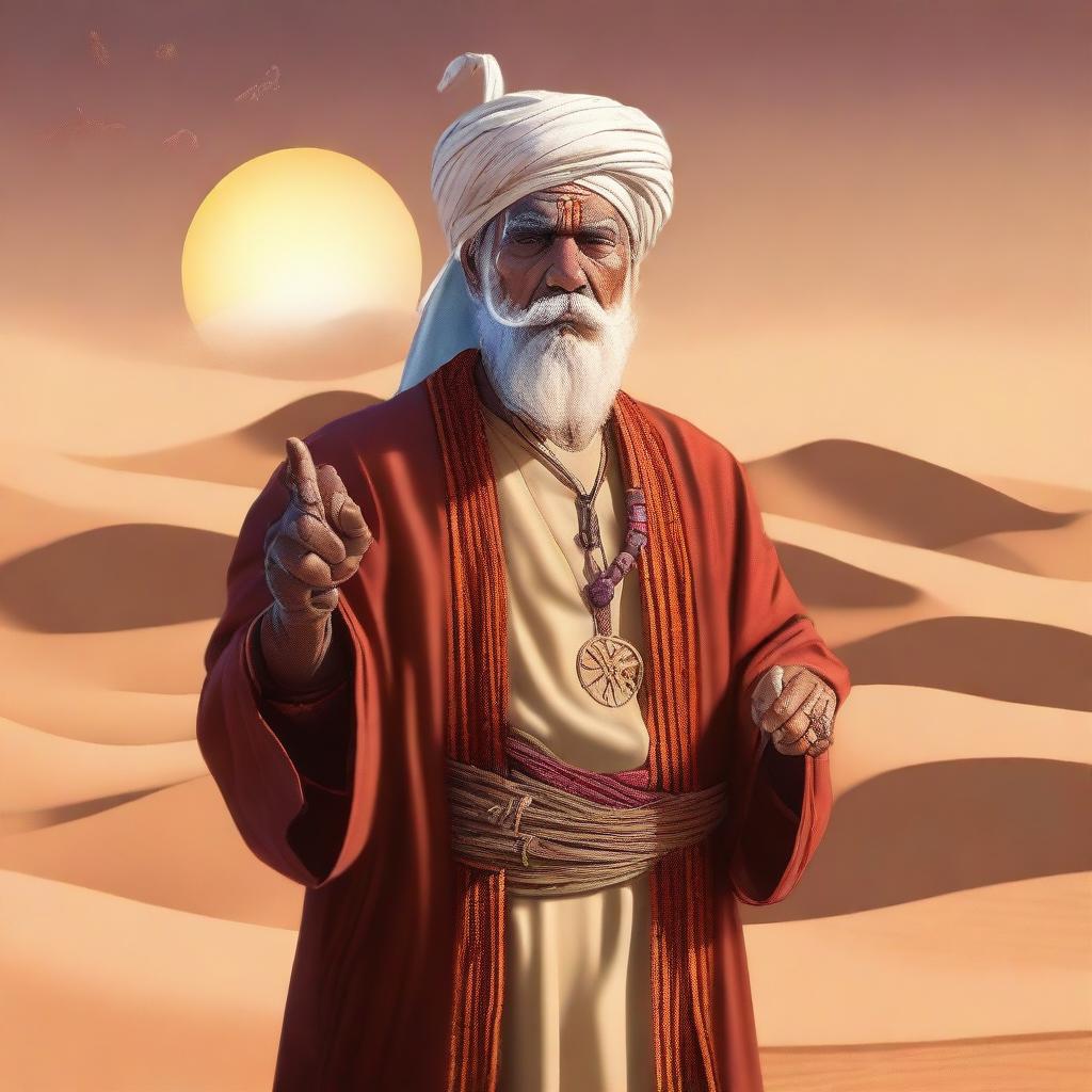 A powerful desert sorcerer standing in an arid landscape, wearing traditional robes and a turban