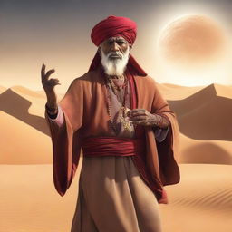 A powerful desert sorcerer standing in an arid landscape, wearing traditional robes and a turban