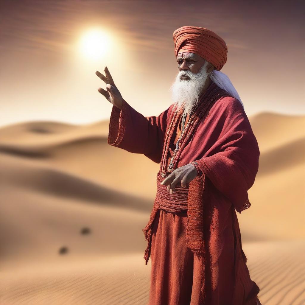 A powerful desert sorcerer standing in an arid landscape, wearing traditional robes and a turban