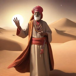 A powerful desert sorcerer standing in an arid landscape, wearing traditional robes and a turban