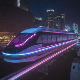 An electropunk monorail system, pulsing with neon lights, futuristic designs, and powered by high-voltage electricity, effortlessly gliding on a track that crackles with energy.