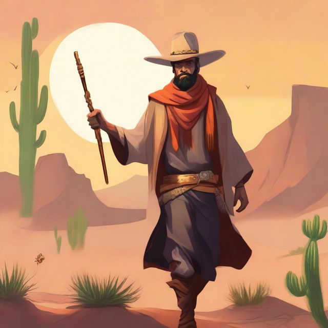 A cowboy sorcerer wearing a wide-brimmed hat and an orange scarf, casting a spell with a magical staff