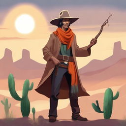 A cowboy sorcerer wearing a wide-brimmed hat and an orange scarf, casting a spell with a magical staff