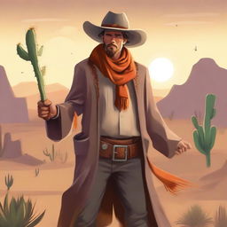 A cowboy sorcerer wearing a wide-brimmed hat and an orange scarf, casting a spell with a magical staff