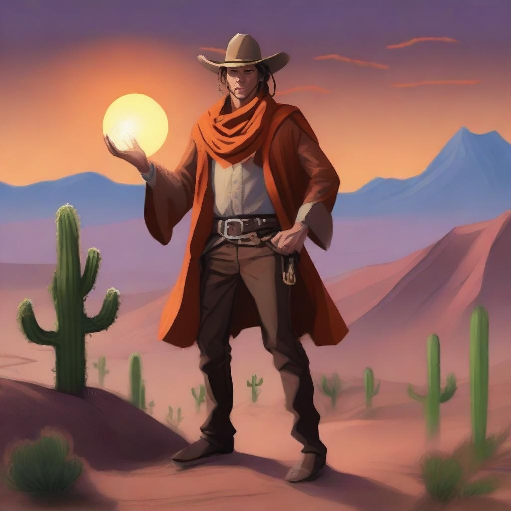 A cowboy sorcerer with an orange scarf, standing in a desert landscape