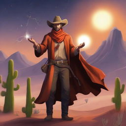 A cowboy sorcerer with an orange scarf, standing in a desert landscape