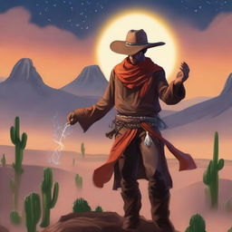 A cowboy sorcerer with an orange scarf, standing in a desert landscape