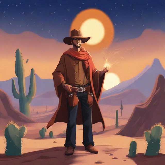 A cowboy sorcerer with an orange scarf, standing in a desert landscape