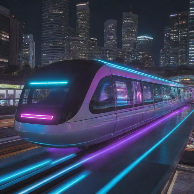 An electropunk monorail system, pulsing with neon lights, futuristic designs, and powered by high-voltage electricity, effortlessly gliding on a track that crackles with energy.