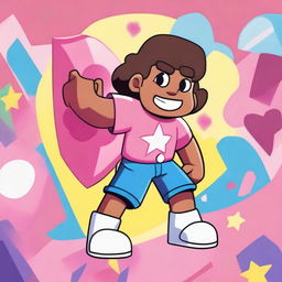 Create an image featuring Steven Universe, the main character from the animated series 'Steven Universe,' in a vibrant and colorful setting