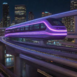 An electropunk monorail system, pulsing with neon lights, futuristic designs, and powered by high-voltage electricity, effortlessly gliding on a track that crackles with energy.