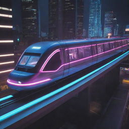 An electropunk monorail system, pulsing with neon lights, futuristic designs, and powered by high-voltage electricity, effortlessly gliding on a track that crackles with energy.