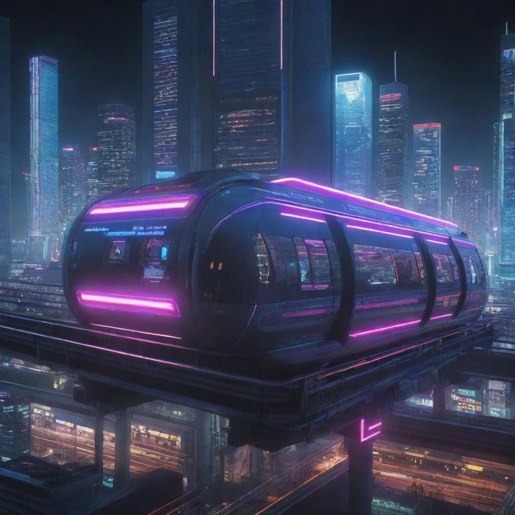 A monorail system reinterpreted in cyberpunk aesthetic, glowing with neon lights, full of sleek, high-tech details, and moving swiftly along a digitally-enhanced rail amidst towering cityscape.