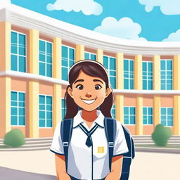 A cheerful schoolmate girl standing in front of a school building, wearing a neat school uniform with a backpack