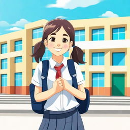 A cheerful schoolmate girl standing in front of a school building, wearing a neat school uniform with a backpack