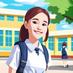 A cheerful schoolmate girl standing in front of a school building, wearing a neat school uniform with a backpack