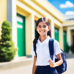 A cheerful schoolmate girl standing in front of a school building, wearing a neat school uniform with a backpack