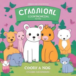 Uma capa de livro de colorir para crianças com desenhos divertidos e amigáveis, incluindo animais, árvores e formas simples