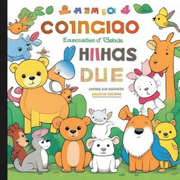 Uma capa de livro de colorir para crianças com desenhos divertidos e amigáveis, incluindo animais, árvores e formas simples