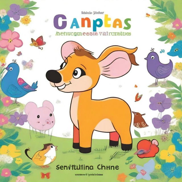 Uma capa de livro de colorir para crianças com desenhos divertidos e amigáveis, incluindo animais, árvores e formas simples