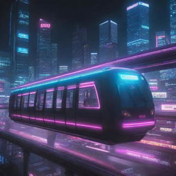 A monorail system reinterpreted in cyberpunk aesthetic, glowing with neon lights, full of sleek, high-tech details, and moving swiftly along a digitally-enhanced rail amidst towering cityscape.