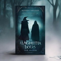 A captivating book cover design for a paranormal thriller featuring a young witch, her ghostly lady friend, a time machine, and a masked villain