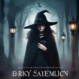 A captivating book cover design for a paranormal thriller featuring a young witch, her ghostly lady friend, a time machine, and a masked villain