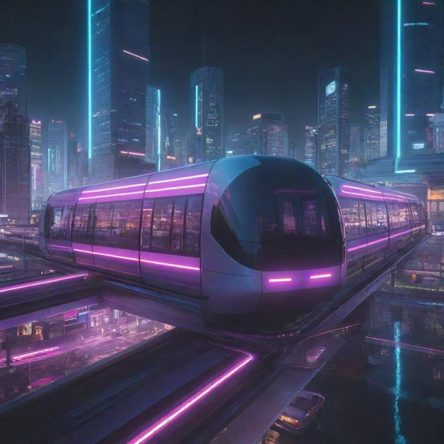 A monorail system reinterpreted in cyberpunk aesthetic, glowing with neon lights, full of sleek, high-tech details, and moving swiftly along a digitally-enhanced rail amidst towering cityscape.